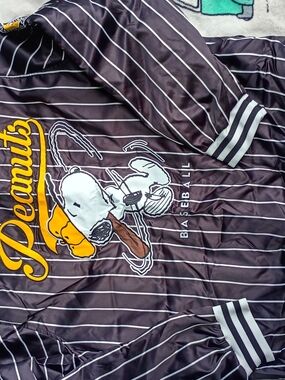 Peanuts Men's Black Striped Baseball Jacket with Snoopy Graphic 2XL